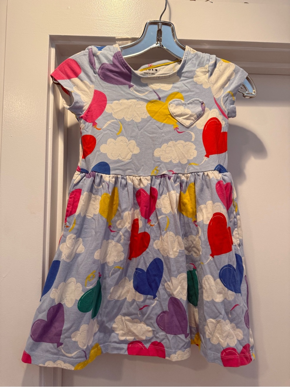 Mini Boden Light Blue Cotton Dress with Multi-Color Heart Balloons, Size 7/8